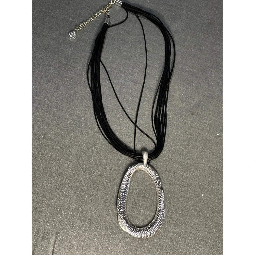 Sweet Lola Silver Tone Textured Large Oval Pendant Black Cord Necklace statement